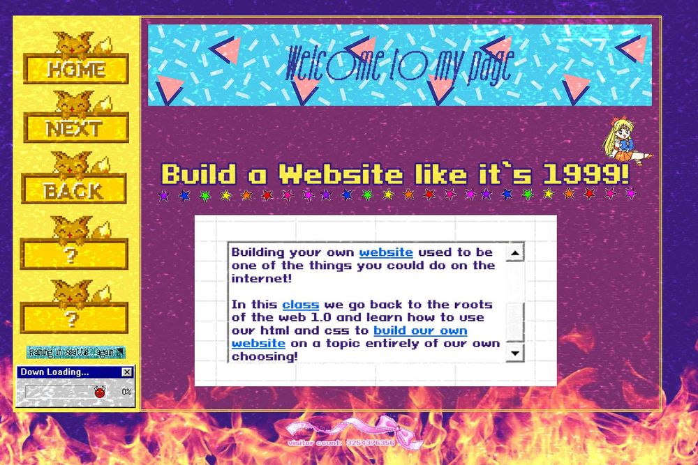 Promo graphic for Build a Website Like it's 1999, laid out like an Angelfire website circa 1999 with a repeating flame background, among other loud elements.