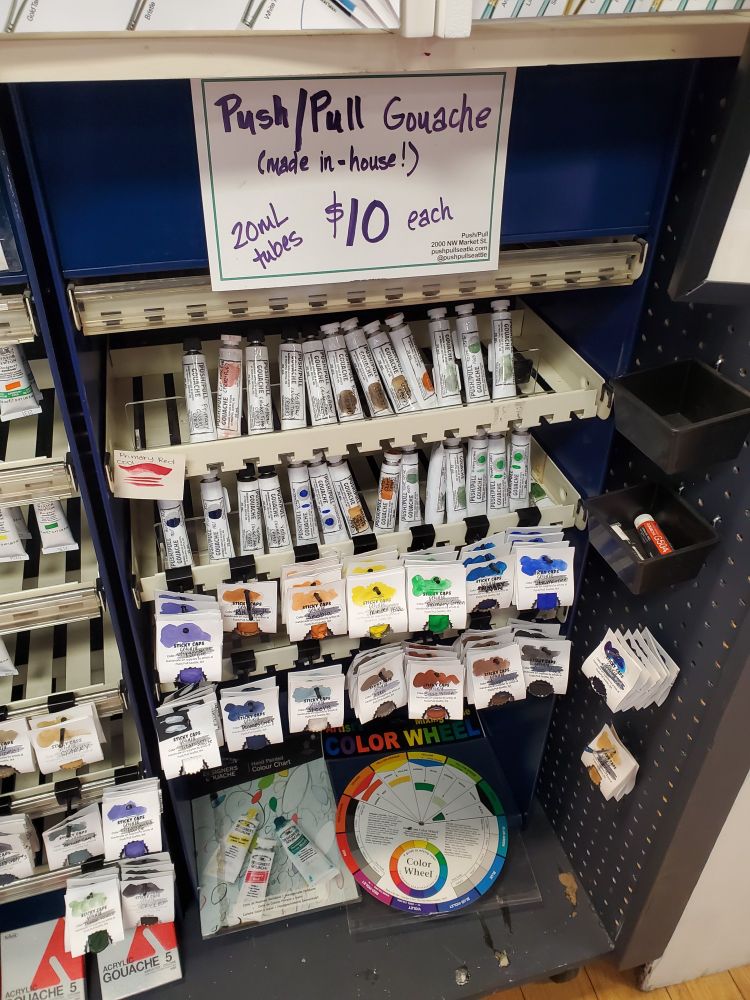 Store-made gouache display featuring both tubes and Sticky Caps.