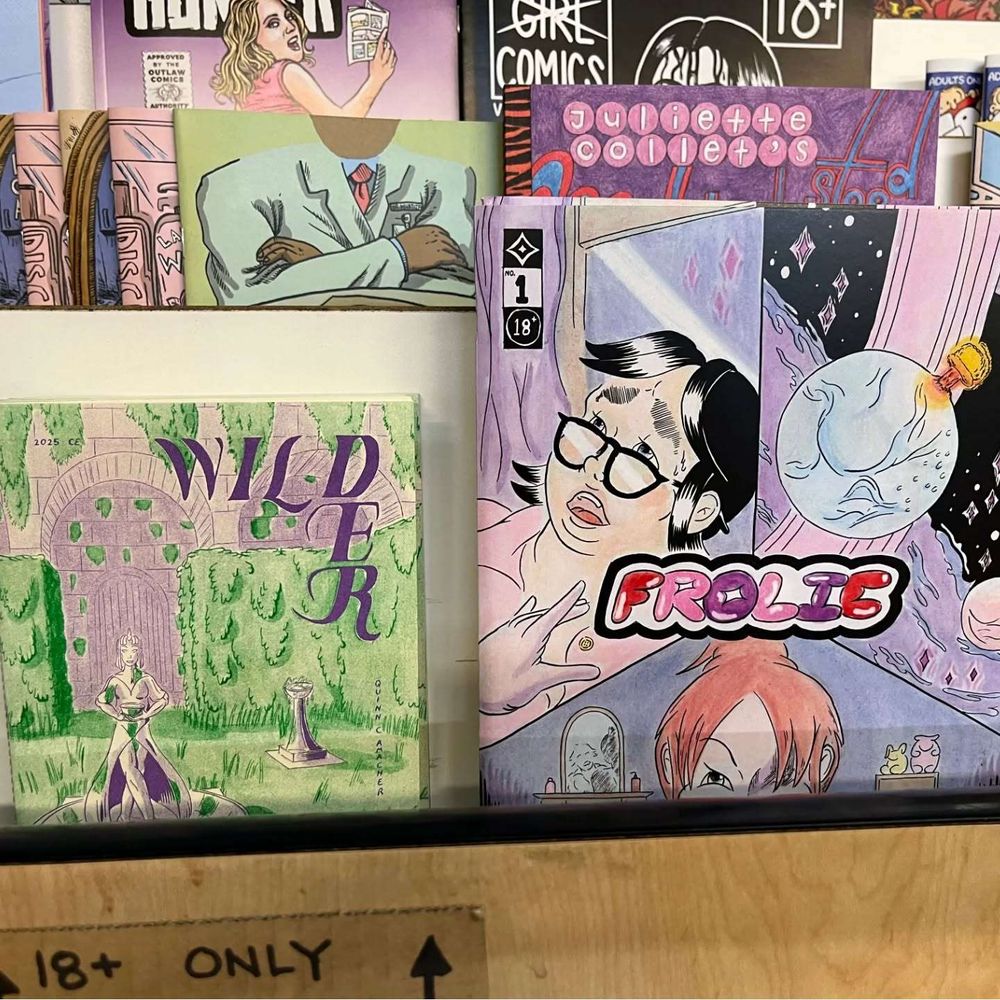 Shelf labeled "18+ only" showing Quinn Amacher's "Wilder" and "Frolic #1" on display.