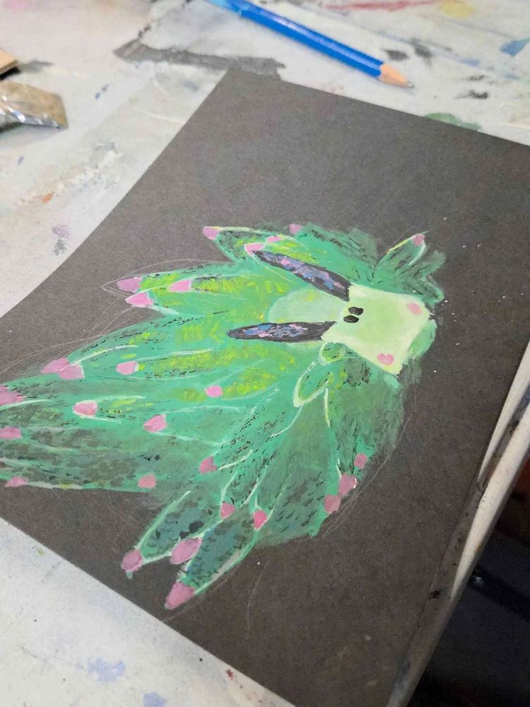 Gouache painting of a green spiny sea slug of some sort on black paper I'm so sorry I will not be able to ID literally any of these!!