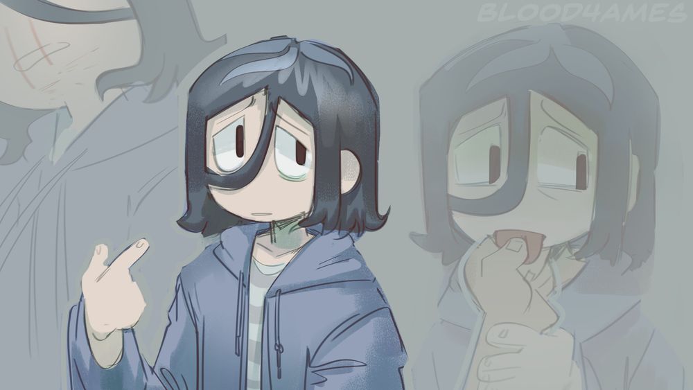 Digital drawing of Angel Martinez from the game Clinical Trial standing and pointing at themselves with a somewhat sad or neutral expression idfk. An additional drawing shows them getting a nosebleed, and another drawing shows them having their tongue inspected by deuteragonist Lee Smith.