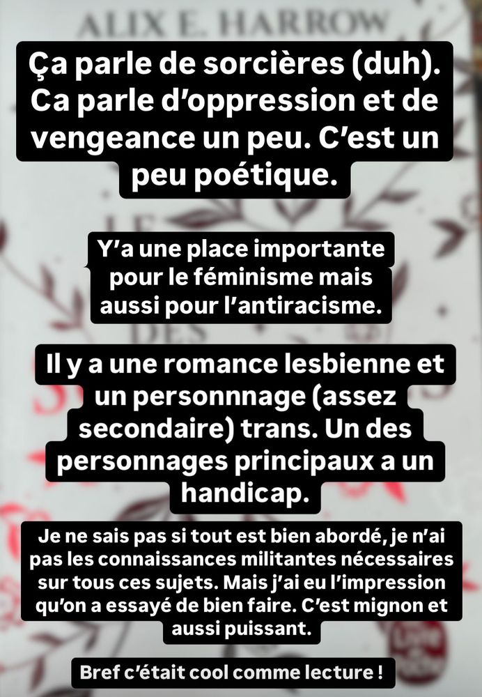 Ça parle d’oppression et de vengeance. De féminisme et aussi un peu d’antiracisme. Il y a une romance lesbienne, un des personnages principaux a un handicap et il y a un personnage (assez secondaire) trans. Lecture très cool, j’ai eu l’impression que l’autrice a essayé de bien faire et donner des représentations cools.