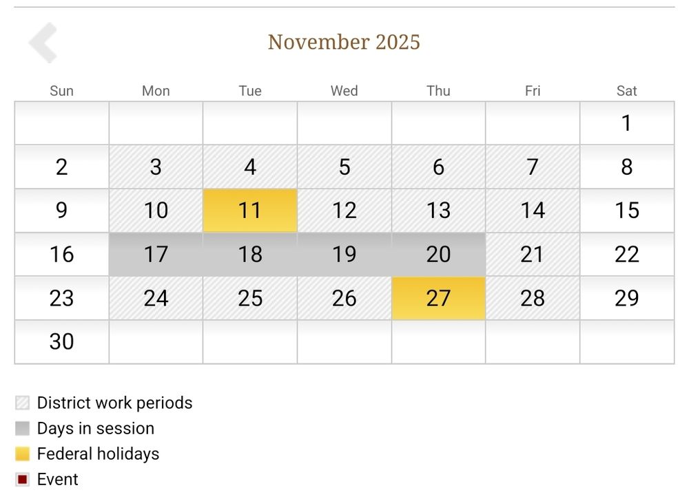 House of Congress calendar schedule. The first 2 weeks of November are "district work periods" where the House doesn't hold votes in Washington.