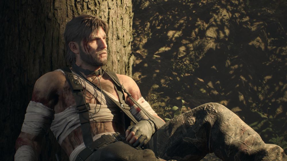 Screenshot from MGS Snake Eater Delta
Pictured: Injured Snake leaned against a tree