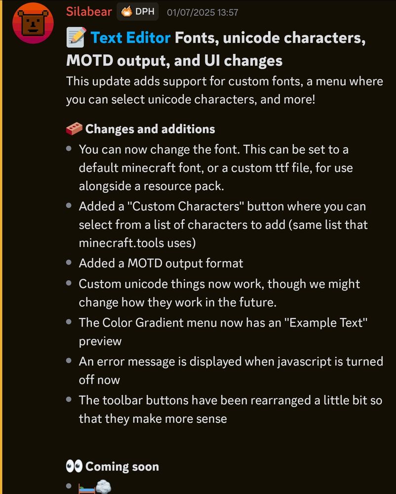 Silabear announcing new features for our text editor including font support, custom characters, WIP Unicode escape codes, color gradient preview, no JS error and rearranged toolbar buttons