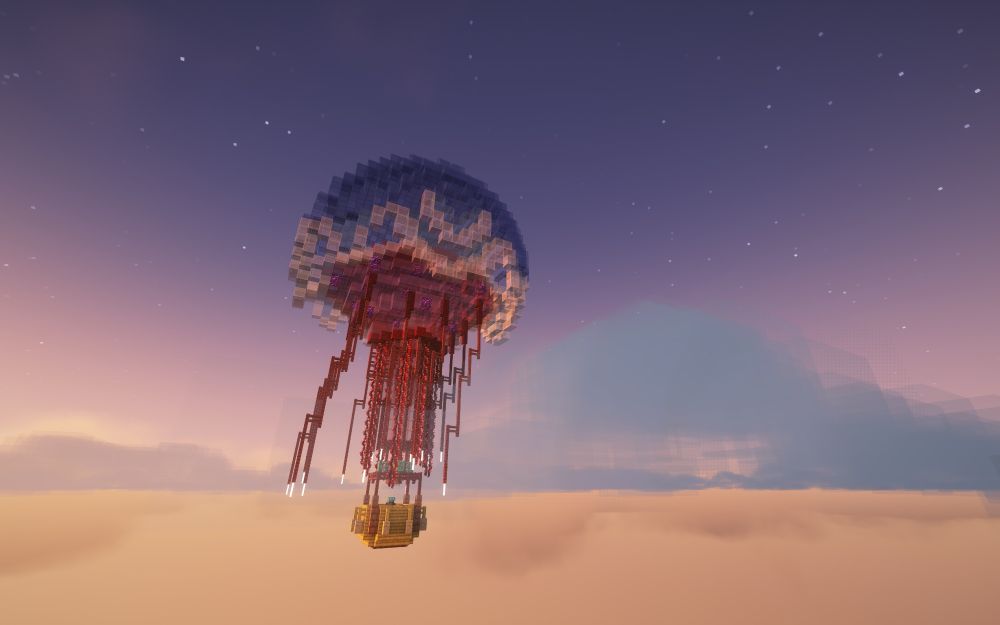 A Minecraft build of a hot air balloon in the shape of a giant jellyfish.