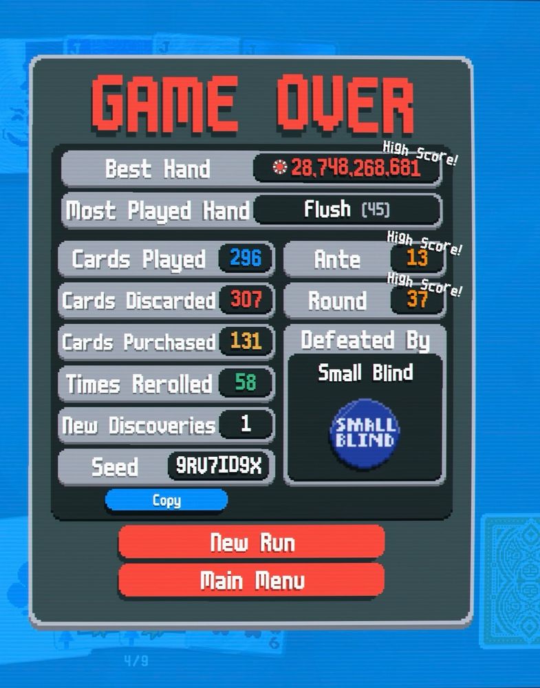 Game Over screen from Balatro, showing a personal high score of over 28 billion. Yes, you read that right.