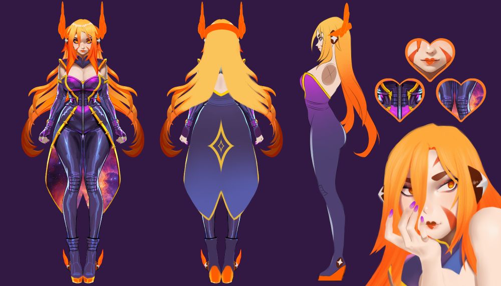 Vtuber Refence Sheet showing front, back and side views