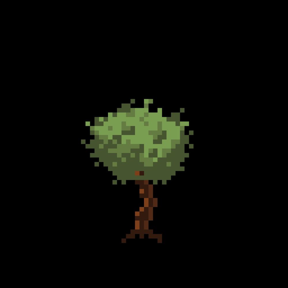 Árvore fina marrom com folhas em tons verdes no formato pixel arte