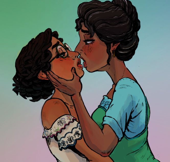 From Encanto - Julieta Madrigal cups her daughter's face as they have just finished kissing. a few strands of spit still connect their lips. 
