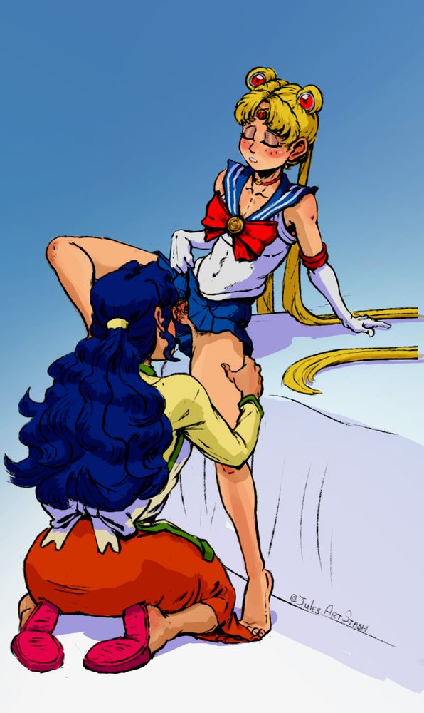 Usagi Tsukino (it's Sailor Moon!), still wearing most of her sailor scout uniform, props herself up against a bed while her mother kneels before her, fully dressed. Usagi is lifting up her skirt, revealing no panties underneath. Ikuko (her mom) is leaning forward, with one hand bracing against Usagi's leg.
