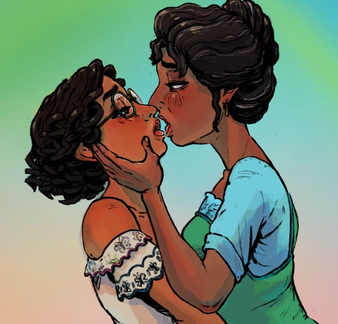 From Encanto - Julieta Madrigal cups her daughter's face as they have just finished kissing. a few strands of spit still connect their lips. 