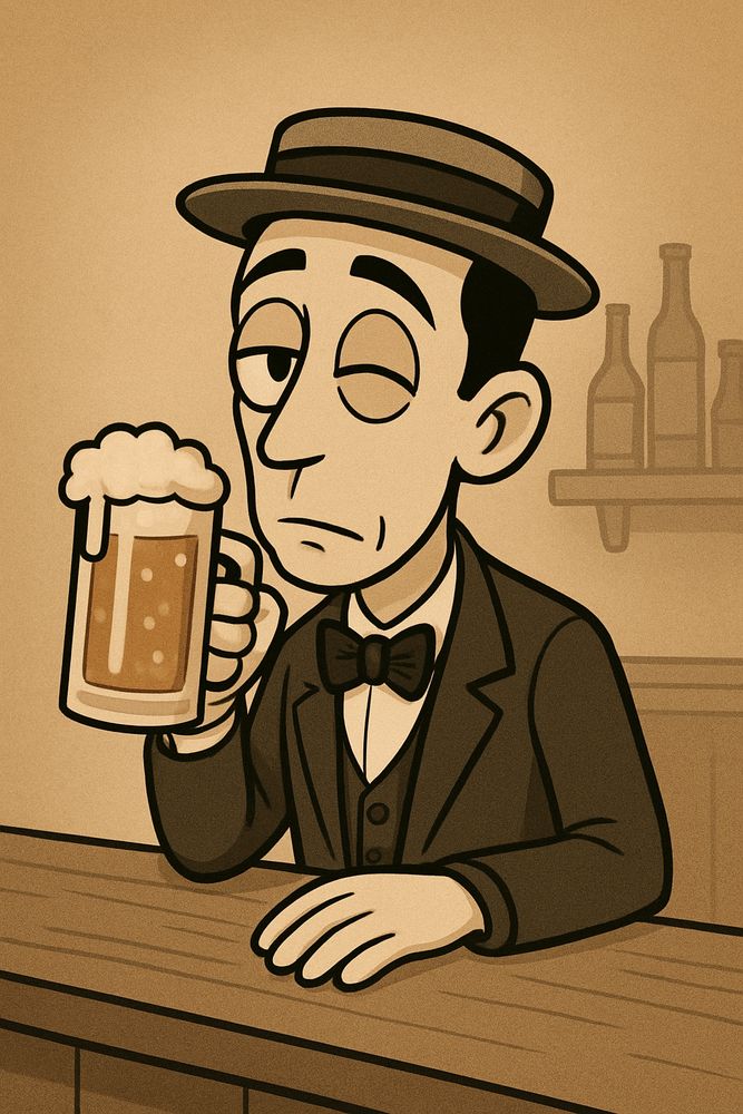 Cartoon im Sepia-Farbstil: Buster Keaton steht an einem Bartresen, hält ein Glas Bier in der Hand und zwinkert dem Betrachter zu.