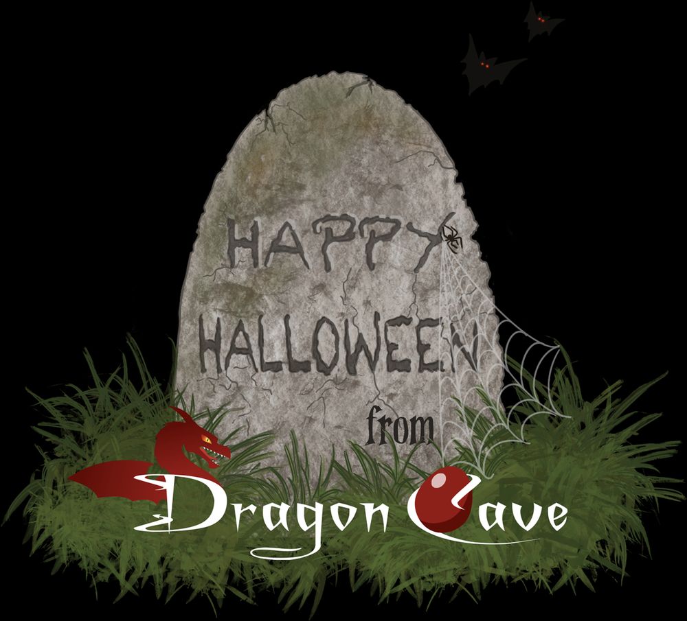 A grave with text "Happy Halloween from Dragon Cave"