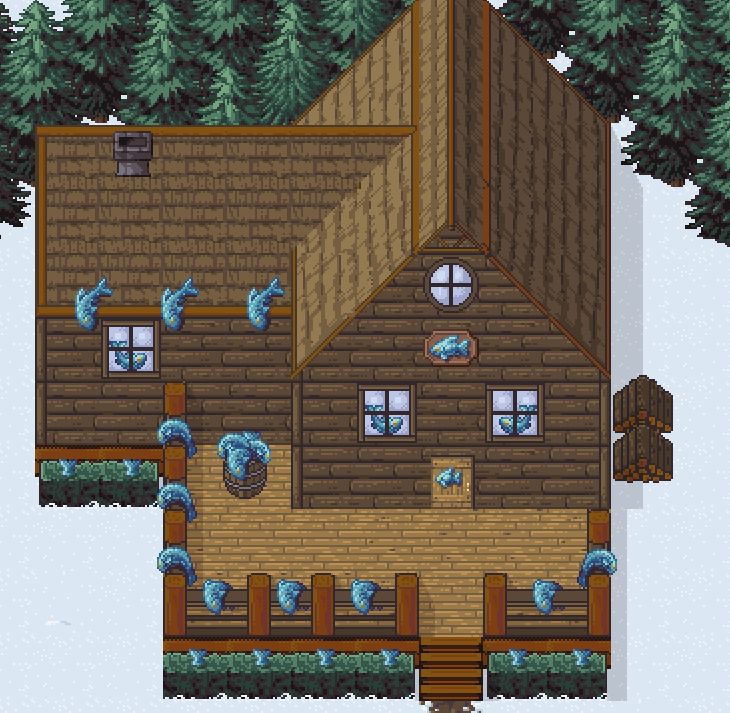 A picture of the player's house from Dragon Cave's "Frosty Farming" event. It is decorated with fish. So many fish.