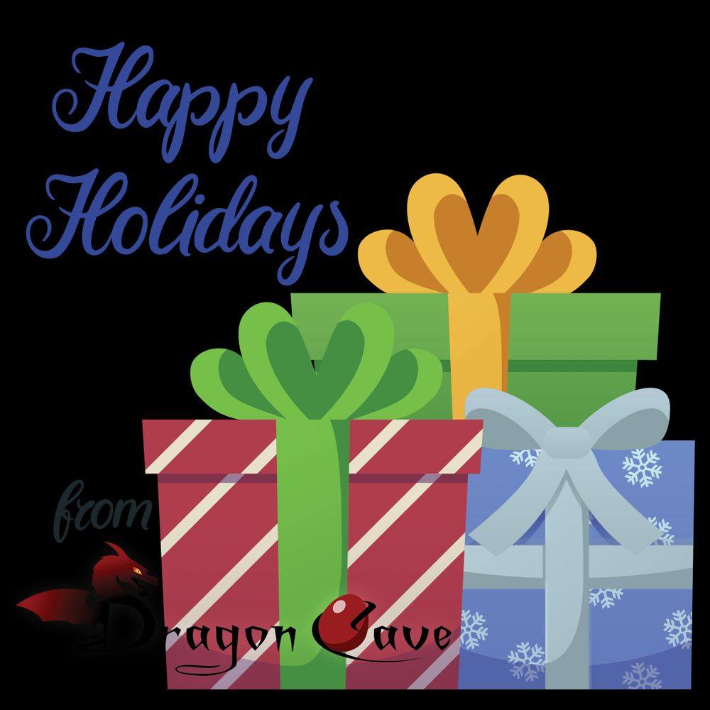 Three presents (one red with white stripes and green ribbon, one green with yellow ribbon, and one blue with snowflake print and silver ribbon). Overlaid text that reads "Happy holidays from Dragon Cave"