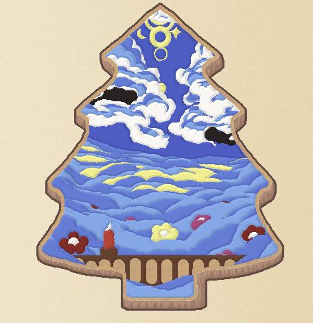 A Christmas-tree-shaped gingerbread cookie decorated with virtual frosting. Created by Dragon Cave user "gooseblue."