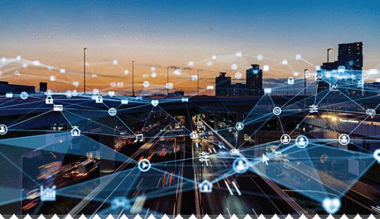 A picture of a city skyline with a representation of a network connecting different places.