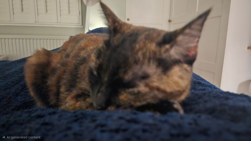 Nora, a tortie cat, is snoozing on a Navy coloured blanket.  Her eyes are closed but her helicopter ears show she is listening...