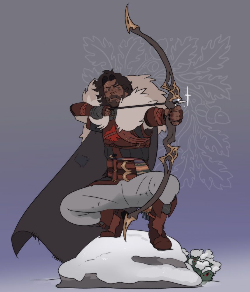 illustration of a dnd character crouched on a snow-covered rock, aiming his bow. 