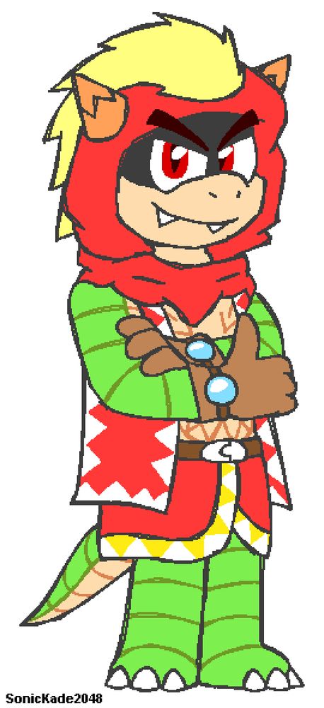 The protagonist of the game "Tribal Hunter" on Steam. The character is an anthropomorphic reptile decorated with red, yellow, orange and green colouring. They have a red hood over their head with yellow hair and orange horns, as well as a sleeveless red-white vest around their torso. A skirt-like cloth is also around their waist held by a belt. Their arms, legs and tail are green on the upper side with dark stripes and pale on the underside with dark stripes. They are looking towards the camera with a determined expression and giving a thumbs up.