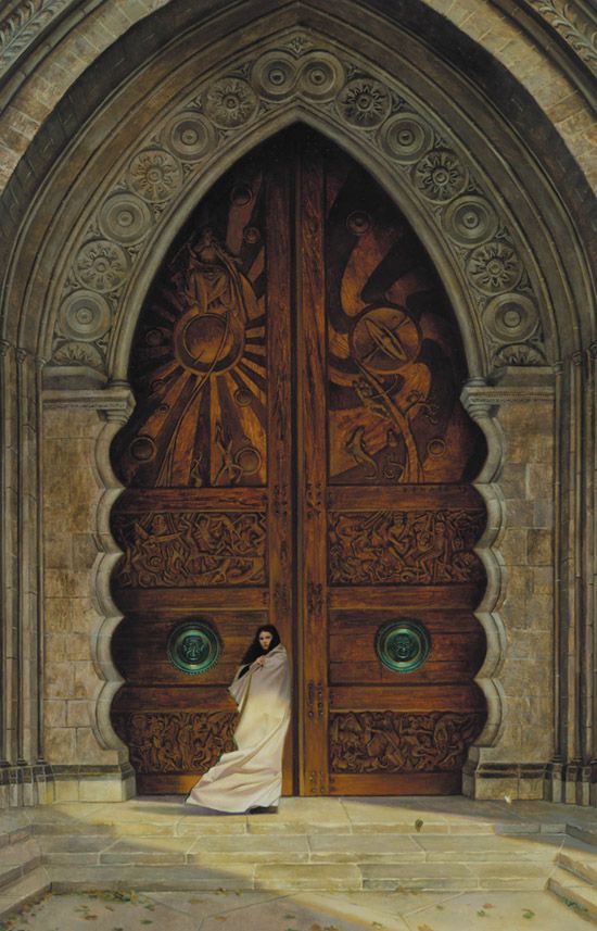 painting of a woman in front of a massive, ornate wooden door - painting by Donato Giancola - "The Doors of Obernewtyn" (1999)