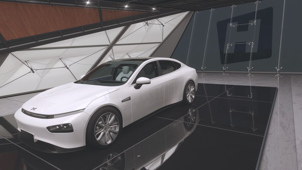 front-ish side view of an X-peng P1 electric car. Faded paint where the decals would be suggests this was once a police car.