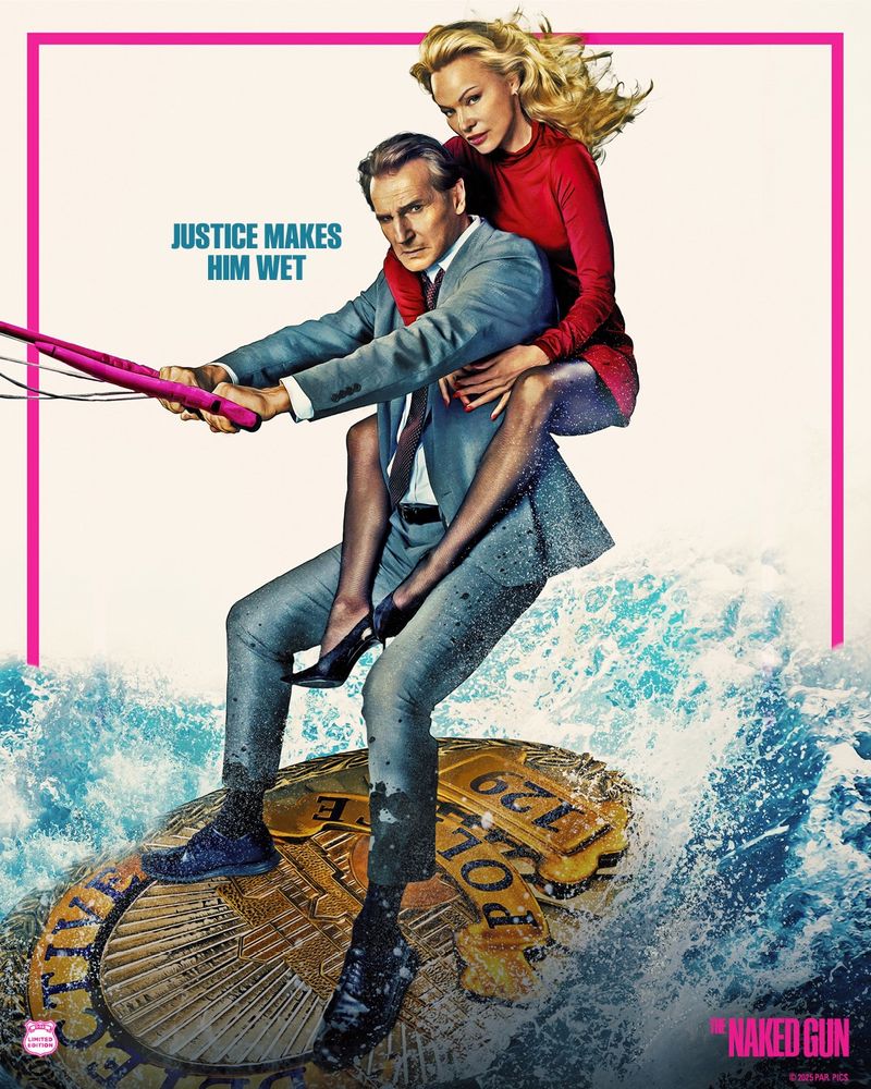 Movie poster for The Naked Gun 2025 reboot with Liam Neeson surfing on a police badge and Pam Anderson riding him piggy back
