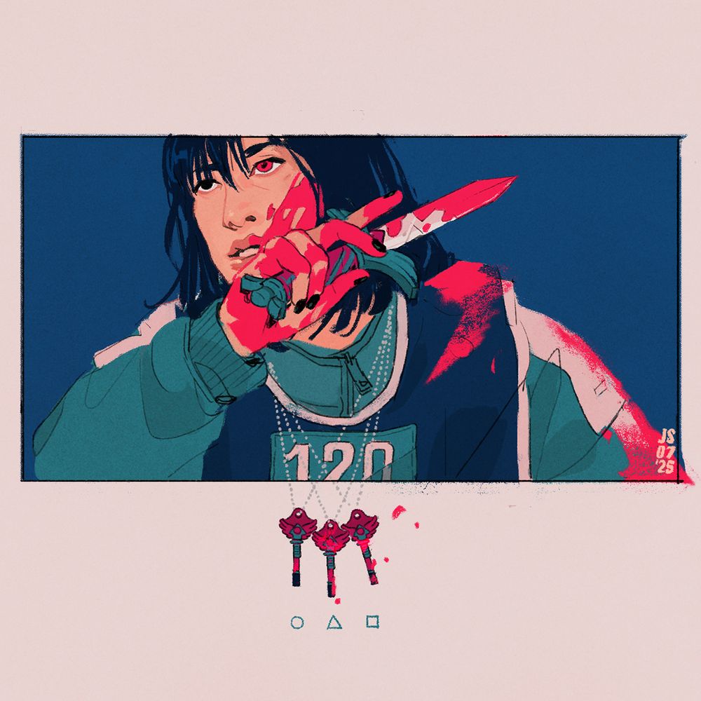 Illustration of Player 120, Cho Hyun-ju from Squid Game season 3. Depicts a cropped close up frame of a scene from the show, she raises a bloody dagger and swipes across her face leaving a bloody bright pink stain. Breaking down out of the frame and extending the illustration are 3 blood stained keys from the game, hanging from her neck, with a circle, triangle and square drawn directly beneath them. One eye shows red, a look of determination and resolve.