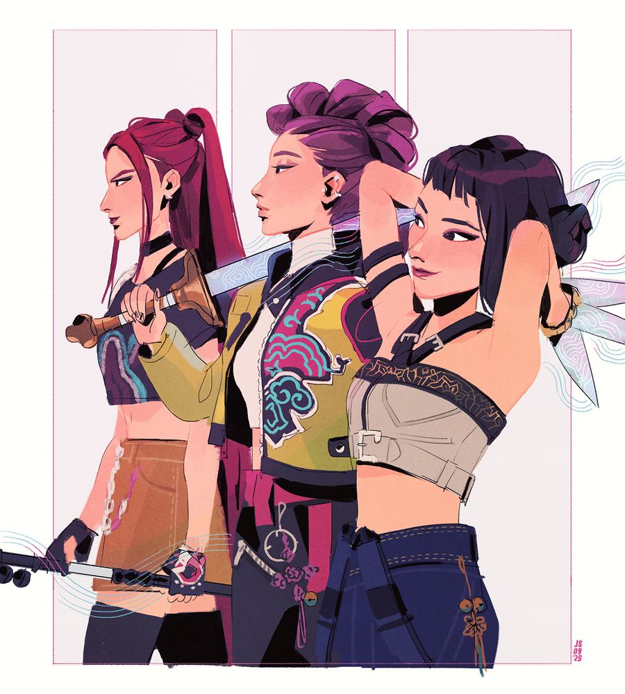 HUNTR/X fanart from Kpop Demon Hunters. Mira, Rumi, and Zoey look to the left and stand battle ready with their weapons drawn. They are framed by 3 vertical blank rectangles in the background.