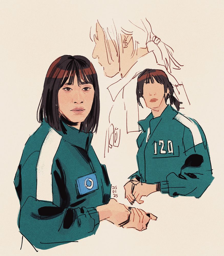 3 coloured sketches of number 120, Cho Hyun-ju from Squid Game season 2