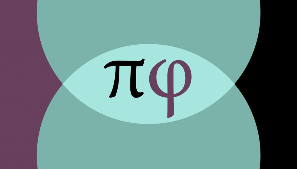A purple (left) and black (right) flag with two teal half circles, meeting in the middle, forming five segments. The π (p) and φ (ph) greek symbols are depicted on the intersection of the two half circles. 