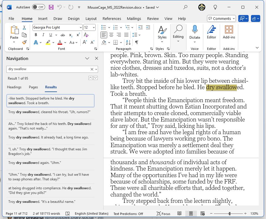 A screenshot of the Mouse Cage manuscript in word, displaying the number of times the phrase 'Dry Swallow' appears. (95 times.)