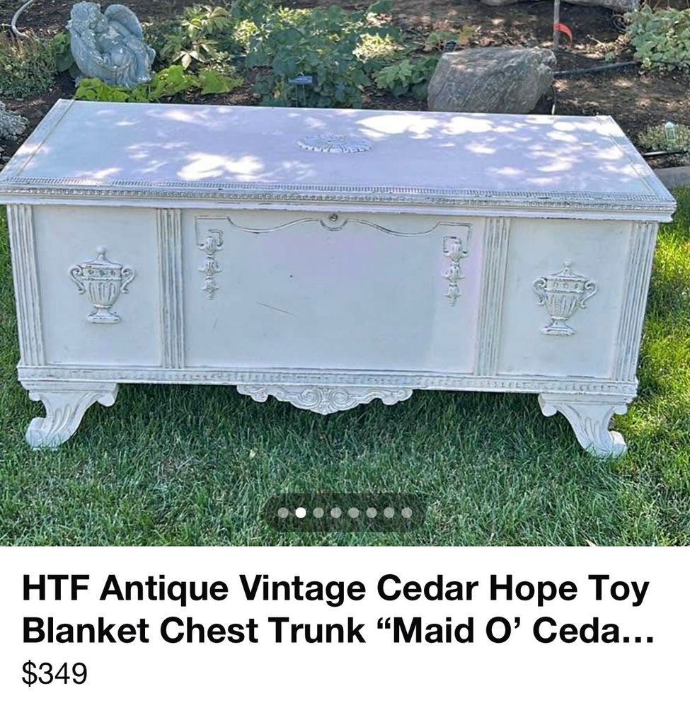 A listing on marketplace reads:
HTF Antique Vintage Cedar Hope Toy Blanket Chest Trunk "Maid O' Ceda..
$349

Pictured is an intricately crafted, 1945–1952 Federal / Queen Anne Revival, wrecked by white paint. 
