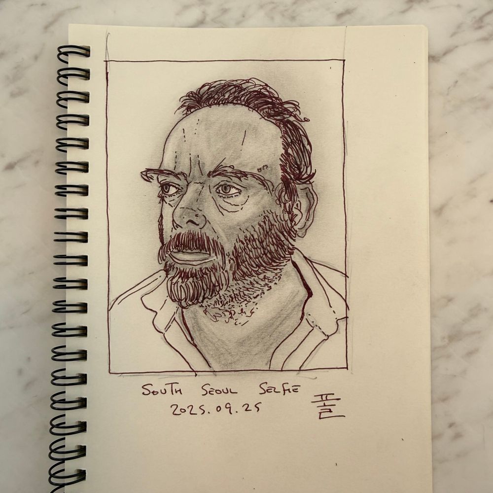 An ink and pencil self portrait of a bearded rotund British man. 