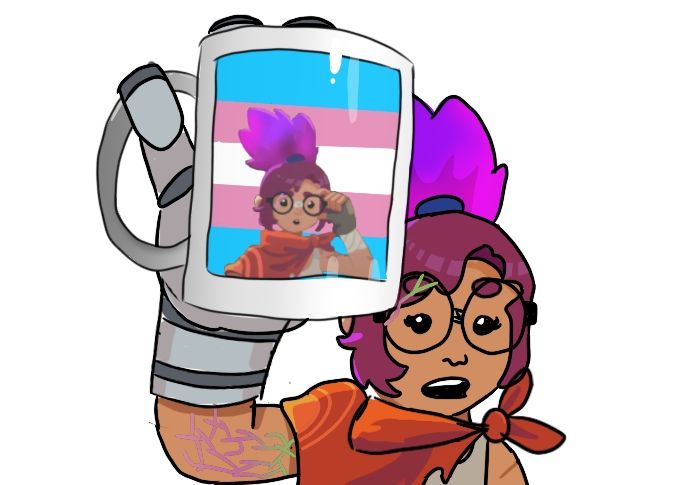 Gigi from Slime Rancher 2 holding up a mug with an image of Gigi's sprite with a transgender flag behind it, referencing a Caseoh trend.
