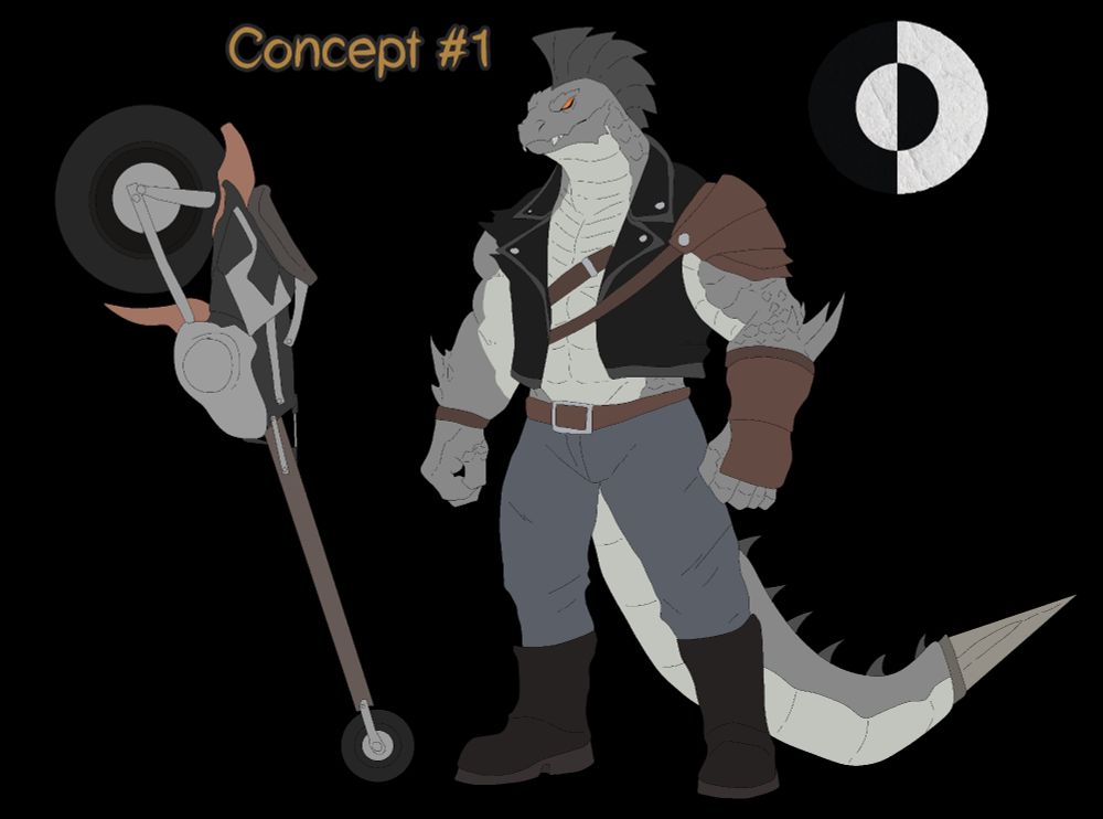 Large Grey Anthro lizard man with a biker jacket and get up with dark brown leather armor, tip of tail replaced with a knife/dagger. and uses a junk scraped motorcycle as a club/mace