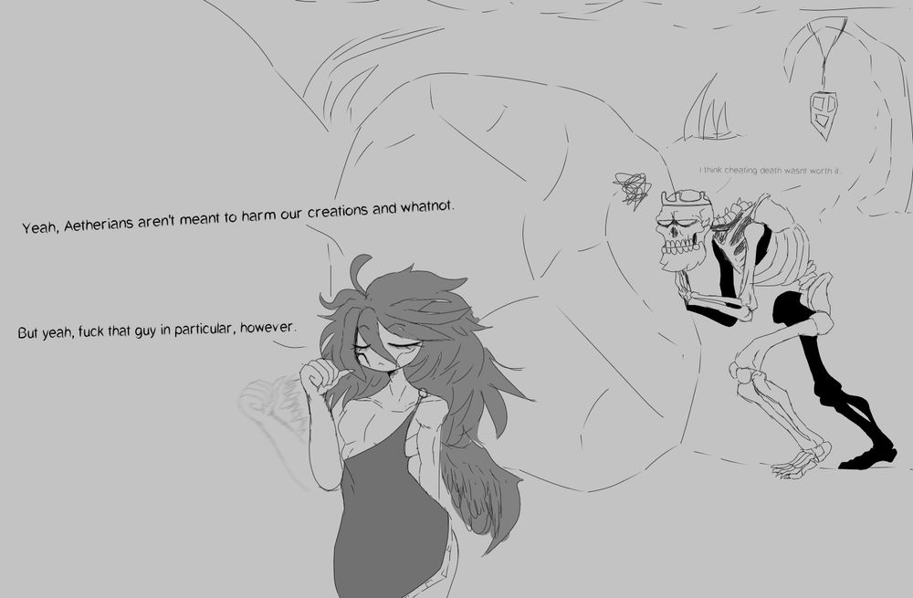 scene of Thanatos pointing behind him saying "Yeah, Aetherians aren't ment to harm our creations and whatnot." "but yeah. fuck that guy in particular, however"

pointing to sisyphus behind him, murmuring "I think cheating death wasn't worth it.."