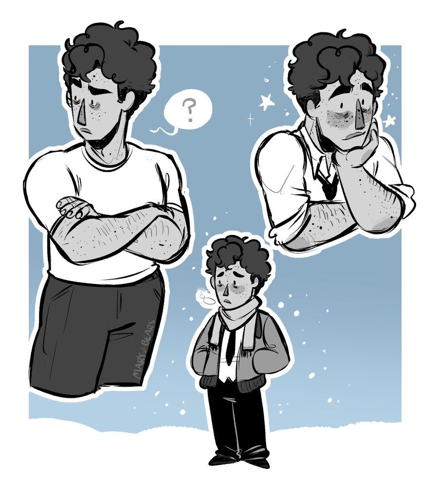 3 doodles of Marcos, a young man with curly dark-gray hair, thick eyebrows, and lots of freckles.
While Marcos is drawn in grayscale, the background is a pale/desaturated blue.
Doodles include Marcos with his arms crossed and looking confused, Marcos with a hand to his cheek while smiling, and a small/Chibi version of Marcos standing in the snow with a warm scarf and jacket.