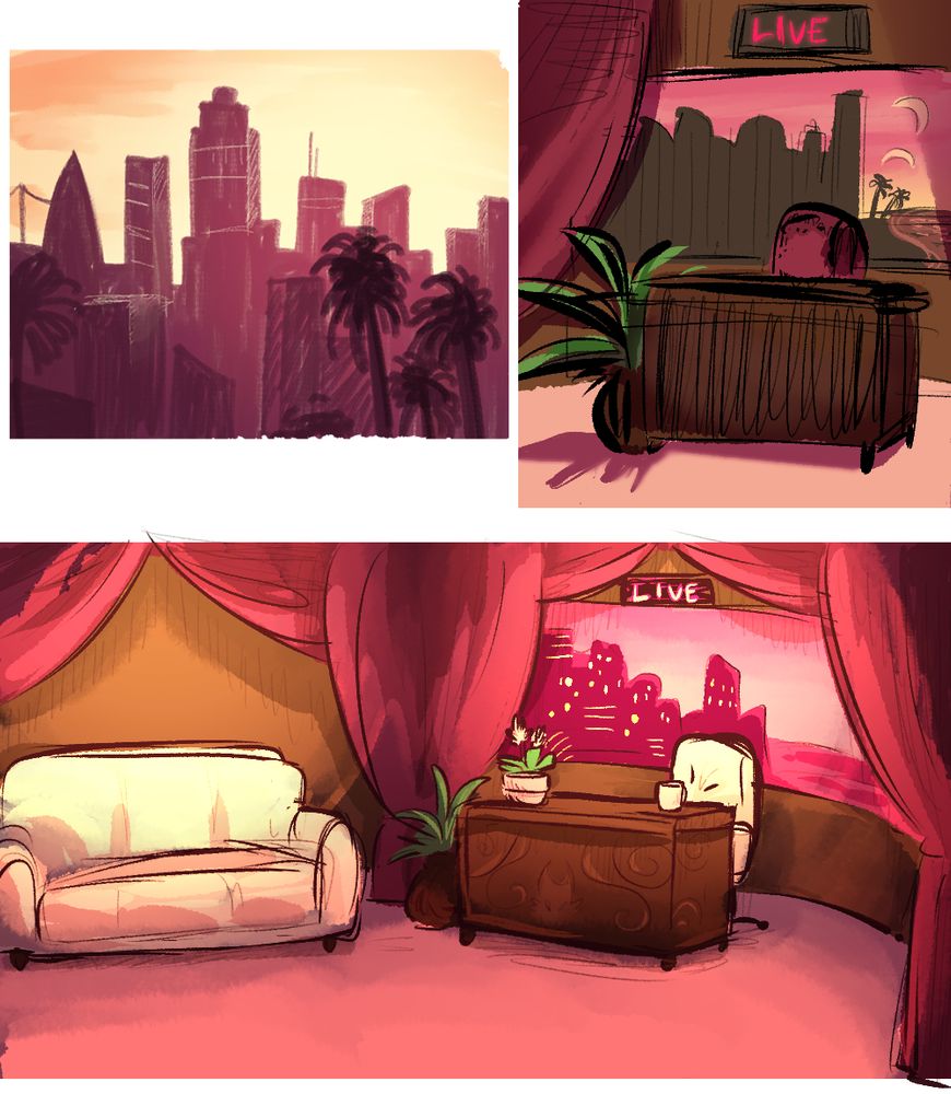 Three sketchy drawings of backgrounds/scenes without any characters.
The first is a skyline with pink/magenta buildings, a yellow sky, and palm trees in the foreground.
The second is a desk with a potted plant on its left side and a mural of a cityscape in the background, reminiscent of the sets of late-night talk shows. Above the desk is a neon sign that reads "LIVE".
The third is a more detailed version of the second drawing, now including a couch on the left, a plant and mug on the desk, and a slightly altered color palette. The chair behind the desk and the sofa are cream colored. Everything is bathed in a warm, yellowish light.