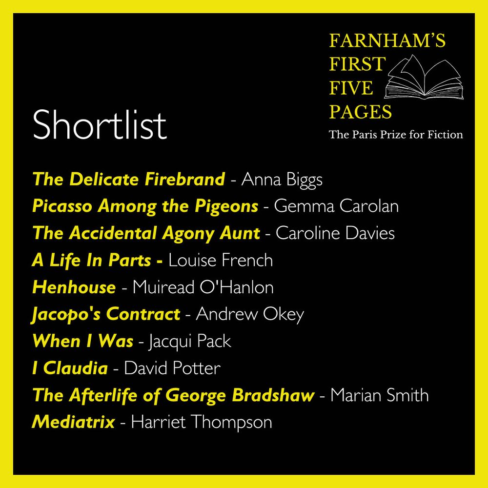 Graphic of the Shortlist for Farnham First Five Pages competition: The Delicate Firebrand - Anna Biggs, Picasso Among the Pigeons - Gemma Carolan, The Accidental Agony Aunt - Caroline Davies, A Life in Parts - Louise French, Henhouse - Muiread O'Hanlon, Cacopo's Contract - Andrew Okey, When I was - Jacqui Pack, I Claudia - David Potter, The Afterlife of George Bradshaw - Marian Smith, Mediatrix - Harriet Thompson.