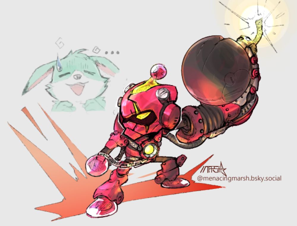 a classic styled depiction of Bomberman using his act zero design, he is holding a large bomb in his left hand. The distant faded Louie in the background doesn't seem to like this look for Bomberman. 