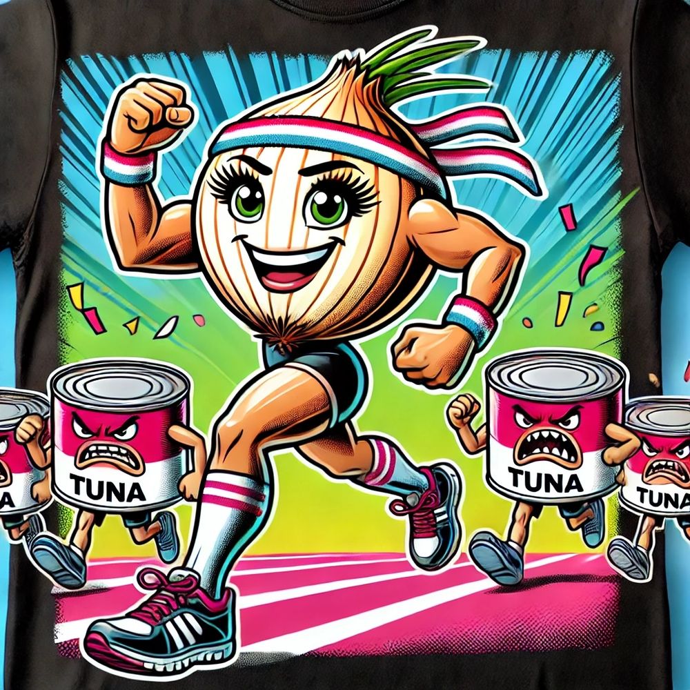Imagem gerada por IA de uma cebola vencendo heroicamente uma corrida contra latas de atum.