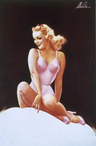 Blonde pin up girl by Merlin Enabnit (1903-1979). wearing a figure-hugging pink swimsuit 