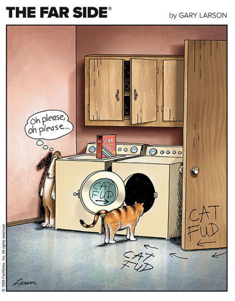 Far Side cartoon: A dog is trying to lure a cat into a clothes drier with arrows and signs that say "CAT FUD."  The cat peers into the open drier. The dog is hiding behind the washer thinking "Oh please, oh please." 