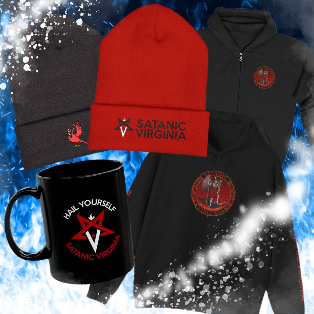 Satanic Virginia merchandise such as hoodies, beanies, and mugs.