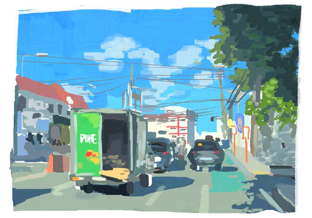 A painting of a road in the Philippines. The sun is blazing in the bright blue sky as it heats up the grey concrete. A green truck is driving with half a door open, showing its contents inside. A few more cars and motorists are further away from the viewer, slowly morphing into a mass of grays and blues in the horizon alongside white buildings and billboards. On the left side of the road are residential buildings and businesses and on the right is a pocket of shadow provided by trees and vining plants.