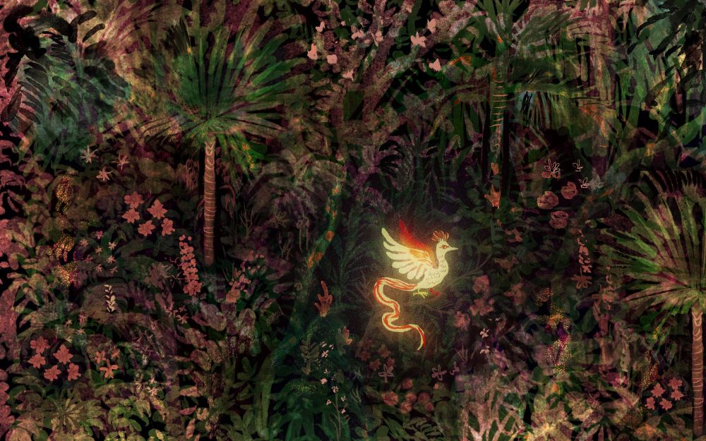 A beautiful bird glows softly as it perches on a branch in the middle of a Philippine forest. It is the adarna bird from Filipino literature.