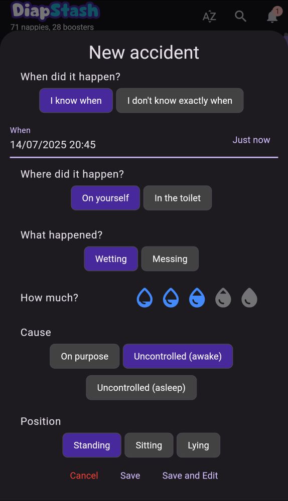 A web interface form showing an entry for a man having wet their underpants unintentionally