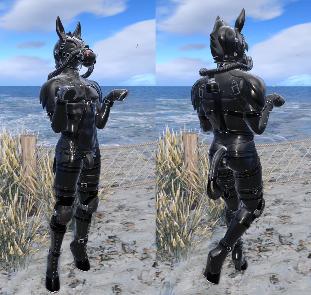 a screenshot taken from secondlife showing a moron wearing a black, glossy and fully covered ponyplay-outfit in front of a generic beach.